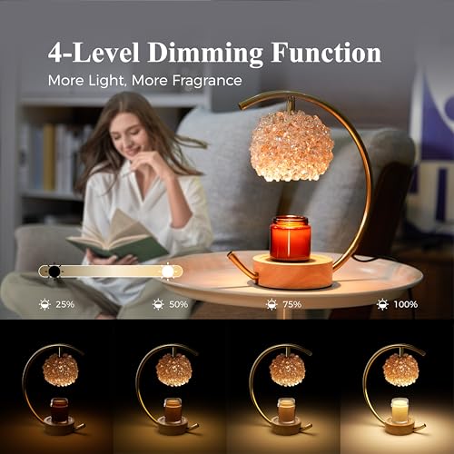 Gold Candle Warmer Lamp with Crystal Handcrafted Shade & Wooden Base - Adjustable Brightness & Timer, for Jar Candles, Home Decor