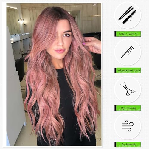Long Pink Ombre Wavy Wig 26 Inch Synthetic Curly Hair for Women - Natural Look, Heat-Resistant Fiber