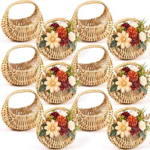 12 Pack Flower Girl Baskets with Handle - Rustic Wicker Wedding & Party Decor - 6.7 x 6.5 x 4.3 Inches - Natural