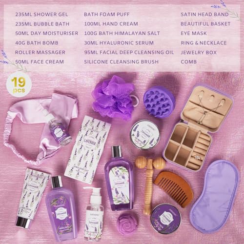 Lavender & Jasmine Spa Gift Basket for Women - 19 Pcs Skin Care & Relaxation Set - Holiday & Birthday Gift