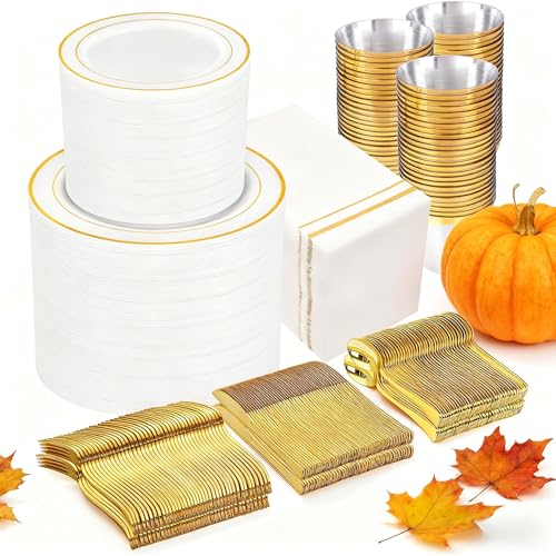 GATHER 700Pcs White & Gold Plastic Dinnerware Set for 100 Guests – Gold Trim