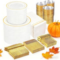 GATHER 700Pcs White & Gold Plastic Dinnerware Set for 100 Guests – Gold Trim