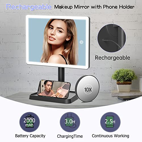 FUNTOUCH Rechargeable Makeup Vanity Mirror with Lights, Large Lighted Desk Makeup Mirror with 96 LED Lights and 10x Magnifying, 3 Color Lighting, Make up Light Mirror with Phone Holder,Black