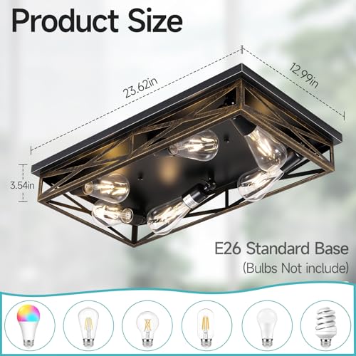 Rustic Black Farmhouse Ceiling Light - 23 Inch 6-Light Metal Cage Fixture, Flush Mount, E26 Base
