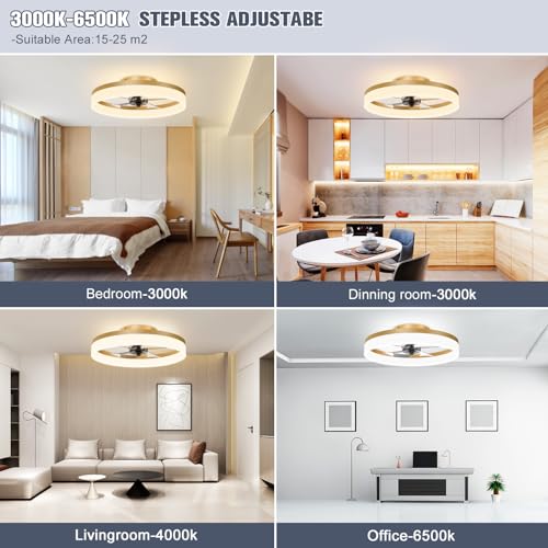 Gold Low Profile Ceiling Fan with Lights and Remote 19.7in Smart Bladeless LED Fandelier