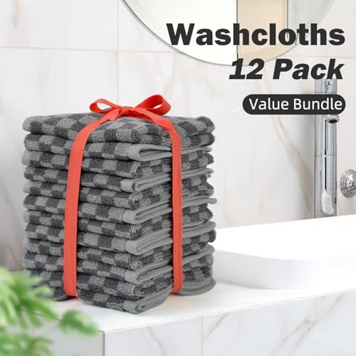 Grey Checkered Super Soft Wash Cloths - 12 Pack Face & Body Towels
