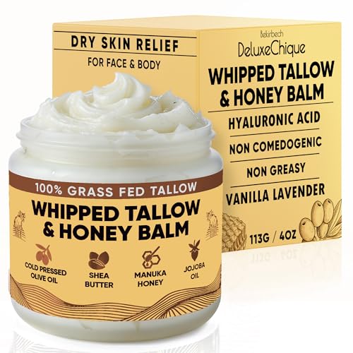 Whipped Tallow Face Moisturizer ? Vanilla Lavender Tallow Balm with Hyaluronic Acid, Manuka Honey, Aloe & Green Tea ? Soothing Skincare for Dry or Sensitive Skin ? 4oz