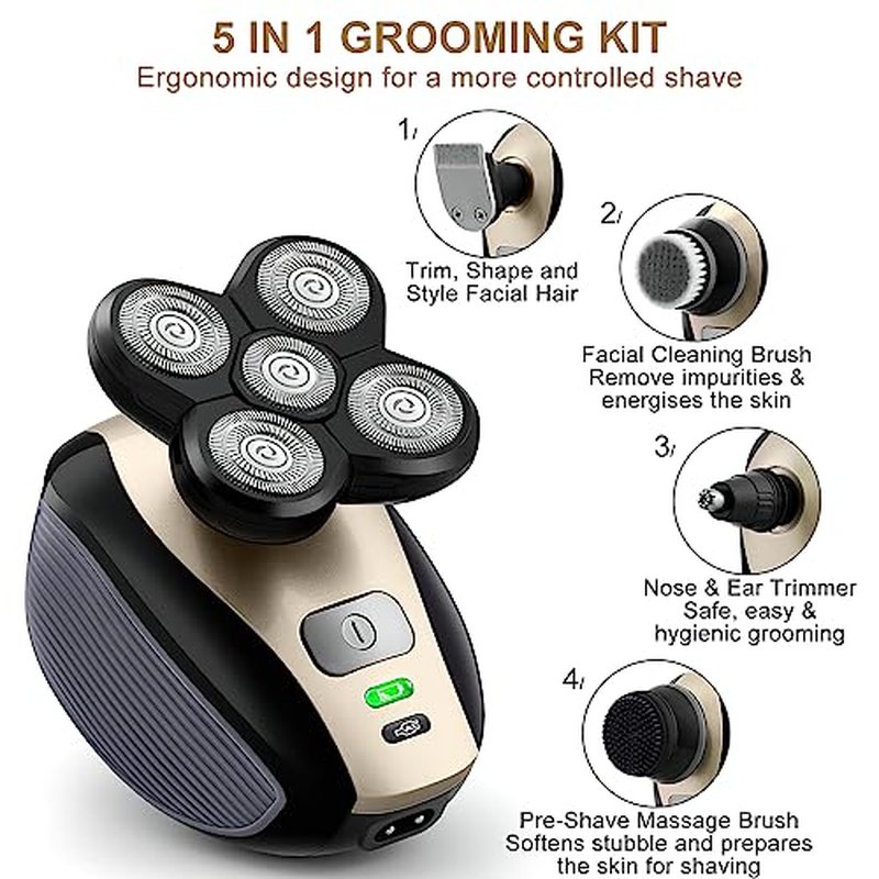 Bald Shavers for Men - Telfun Upgrade 5-in-1 Electric Head Shavers for Bald Men, 100% Waterproof Cordless Razor, Wet/Dry Shaving, 5 Dual Track Heads, Mess-Free Hair Capture