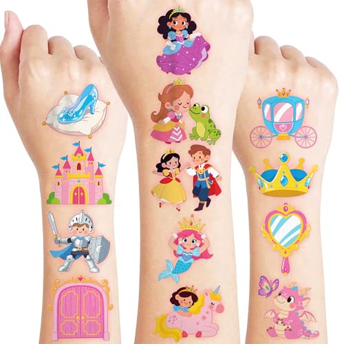 96 PCS Cute Princess Pre-Cut Temporary Tattoos for Kids | Super Cute Princess Themed Birthday Party Favors, Supplies, Decorations, Castle Tattoo Stickers, School Rewards Prizes & Gifts Boys Girls