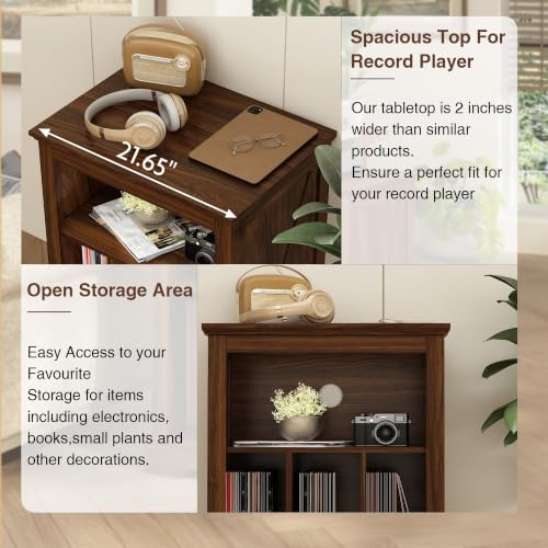 Rustic Brown Farmhouse Record Player Stand with Vinyl Storage & Cable Management