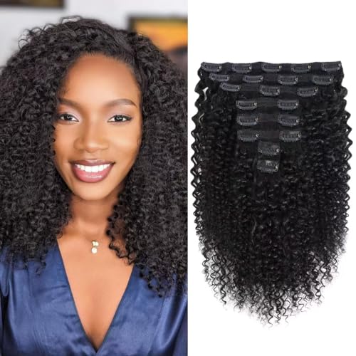 MAHKOTAKU 20 Inch Natural Black Kinky Curly Clip-In Hair Extensions 8Pcs 120g for Black Women - Variant 1B