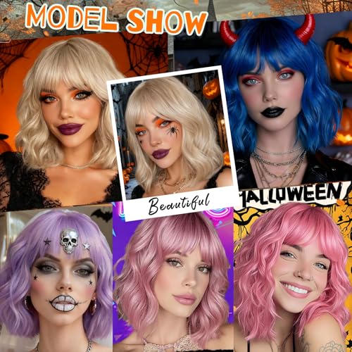 Blonde Short Bob Wig with Bangs - 14 Inch Curly Wavy Synthetic Cosplay Wig for Women