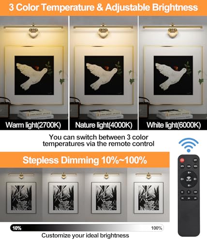 Brass Dimmable Battery Operated Picture Light 23.6inch with Remote & Timer - Tassuowell