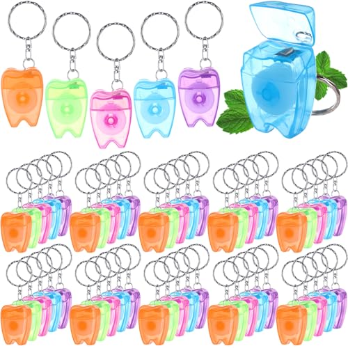 Mini Dental Floss Keychain Set - 50 Multicolor Tooth-Shaped Floss Picks, 16.4 Yards Each - Portable Oral Care for Travel & Gifts