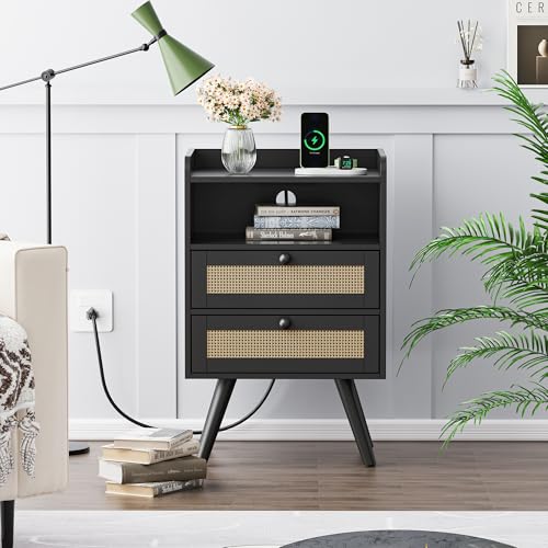 Nightstand with Built-In Charger Station, Boho Rattan Set of 2 - Black, 15.8"W x 11.8"D x 25.2"H