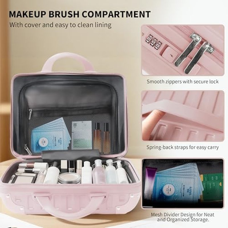 14 Inch Portable Makeup Travel Case Hand Luggage, Hard Shell ABS Cosmetic Organizer with Safety Lock, Small Carry-On Travel Bag for Women£¨Pink£©