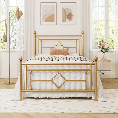 Twin Size Metal Platform Bed Frame with Victorian Headboard - Gold, No Box Spring Needed, Easy Assembly