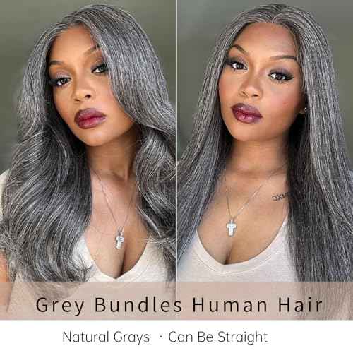 SIYUSI Salt and Pepper Human Hair Bundles 12 14 16 Inch Body Wave Human Hair 3 Bundles 100% Unprocessed 12A Brazilian Hair Weave Extensions Natural Gray-White Color