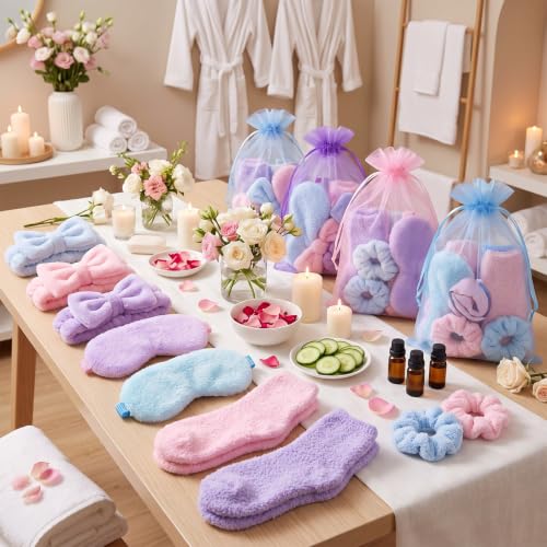 Wavyknot 30 Pcs Spa Party Favors Set with Headbands, Eye Masks, Socks & Organza Bags - Pink, Blue, Purple