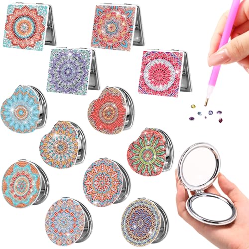 12-Piece Portable Folding Makeup Mirror Set with Diamond Art Design, Compact Handheld Mirrors for Women
