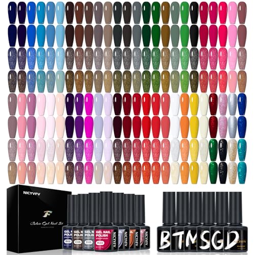 60 PCS Gel Nail Set, 54 Colors Gel Polish Set Classic Shades, with Gold Silver Glitter and Glossy Matte Top Coat, Base Coat Builder gel, for Women Gift Kit