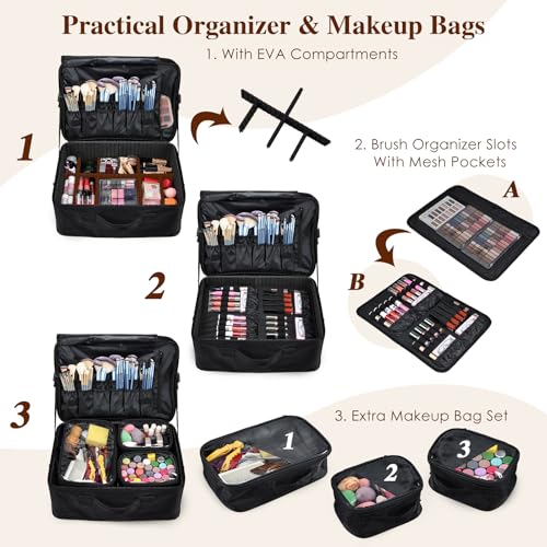 Adazzo Extra Large Makeup Case 8.5¡± Deep Professional Cosmetic Organizer Box Brush Holder with 3 Clear Set Bags/Lipstick Plate for Makeup Artists with Shoulder Strap/Adjustable Dividers/Luggage Sleeve