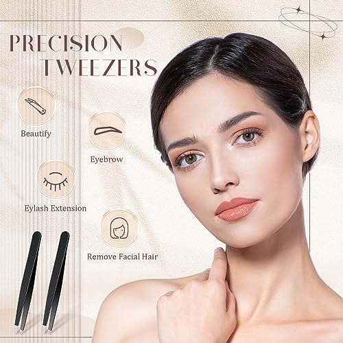 Lasnten 64 Pieces Eyebrow Tweezers for Women Men Slanted Precision Stainless Steel Tweezers Facial Hair Removal Ingrown Hair Eyelash Extension Plucking Blackhead(Black)