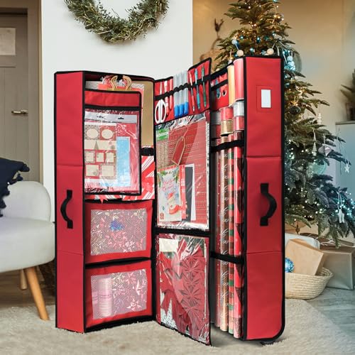 Extra Large Wrapping Paper Storage Container with Ribbon Dispenser and Wheels - Red, Fits 30 Rolls of 40"