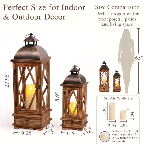 Decorative Wooden Lanterns Set of 2 - Rustic Farmhouse Indoor Outdoor Candle Holders