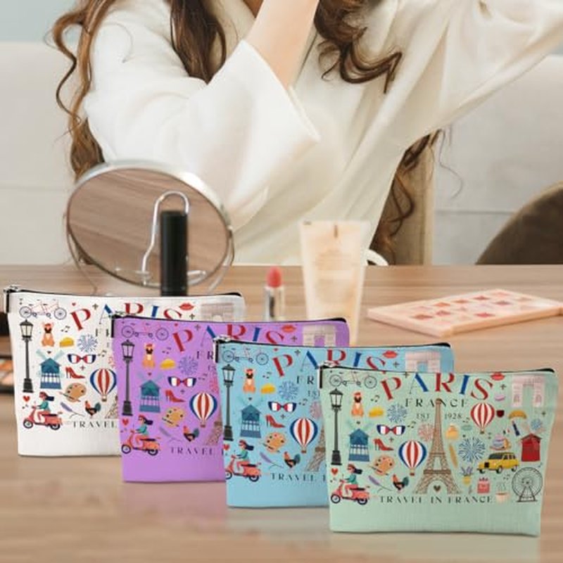 4pcs Funny Paris Travel Gifts for Women Makeup Bag France Paris Lovers Gift Birthday Mothers Day Anniversary Cosmetic Bag Toiletry Bags Travel Essentials Friendship Gifts for Girls Teacher Travelers