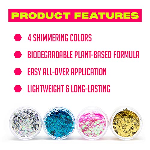 GloFX Biodegradable Multicolor Face & Body Glitter 4 Pack for Festivals & Cosplay
