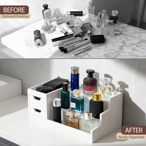 White Wooden Perfume & Makeup Organizer Countertop Rack - 2 Drawers, 3 Tiers