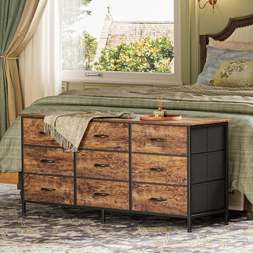 Huuger 9-Drawer Dresser with TV Stand, Rustic Brown, 47 Inch Storage Chest
