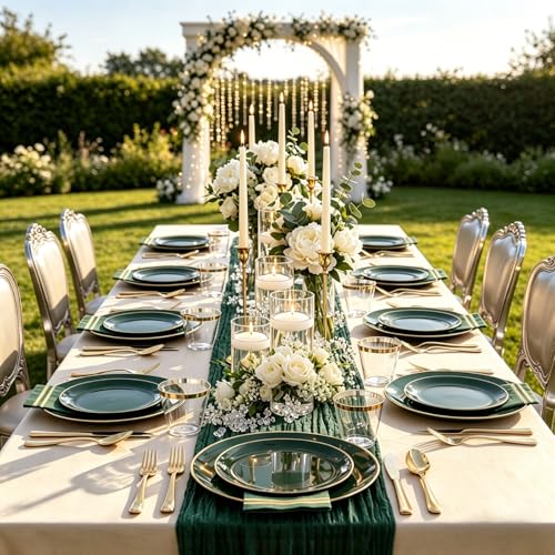 Green Disposable Plastic Plates Set for 50 Guests - Dinner & Dessert Plates, Gold Silverware, Cups & Napkins - Variation: Green