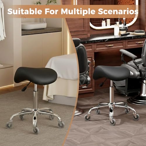 BEWISHOME Ergonomic Rolling Saddle Stool, Height-Adjustable Rolling Swivel Saddle Stool Chair with Thickened Saddle Seat Padding, for Salons, Spas, Office, Black BMD02B