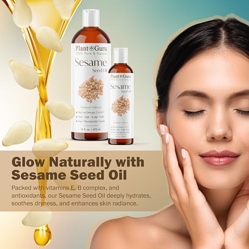 Plant Guru Sesame Seed Oil 16 fl. oz. ? Cold Pressed, 100% Pure & Natural Carrier for Skin, Face, Body, Hair, and Cooking. Great for DIY Creams, Lotions, and Lip Balms.