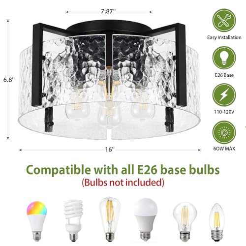 Black 16-Inch Semi-Flush Mount Ceiling Light with Hammered Glass Drum Fixture