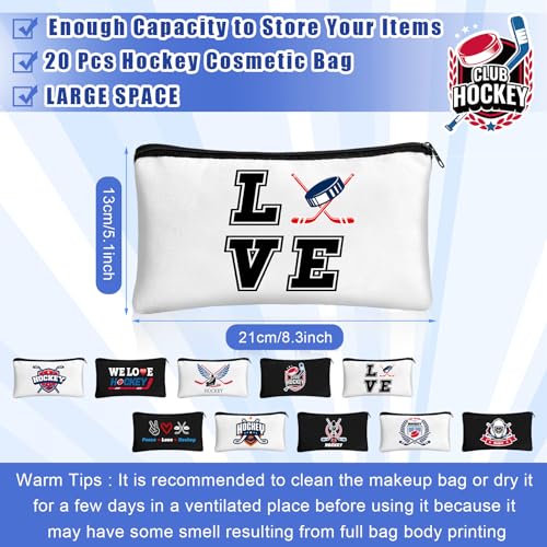 Clysee 20 Pcs Hockey Makeup Bags - Ice Hockey Team Gifts, Travel Pouches, 8.3 x 5.1 in, White & Black