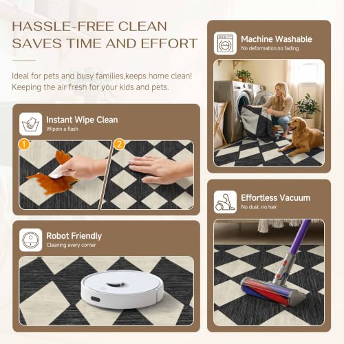 Black 6x9 Checkered Washable Area Rug - Non-Slip Living Room Carpet