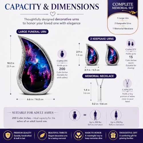 Premium Family Cremation Urn Set for Human Ashes - Teardrop Design with Keepsakes & Necklace - Memorial Urn Kit (220lbs) - MemoricUrn