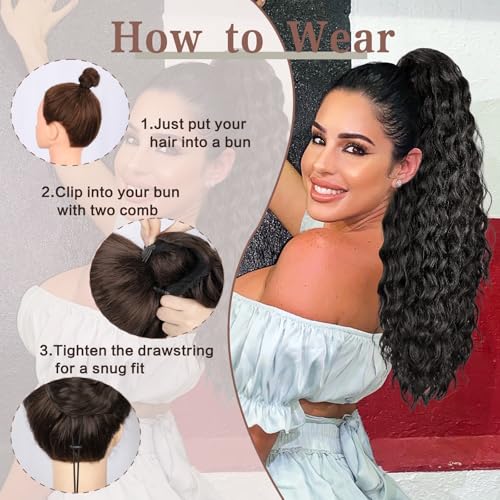 24 Inch Curl & Wavy Ponytail Extension for Black Women - Natural Black, Curly, Clip-In, Drawstring Style, Variation: Black Brown