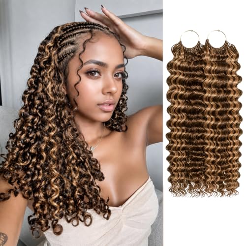Deep Wave Crochet Hair Bundles 14 Inch Human Hair for Black Women - Honey Blonde Highlights, 120g, Feather Design