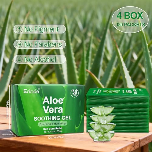 Erinde C-120 Pack Travel Aloe Vera Gel for Face Hair & Body, After Sun Relief, 99% Pure, Portable Travel Sachets