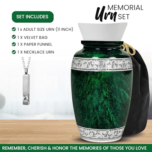 Large Hand-Engraved Green Marble Cremation Urn for Adults with Ash Pendant & Velvet Bag - 220lbs Capacity