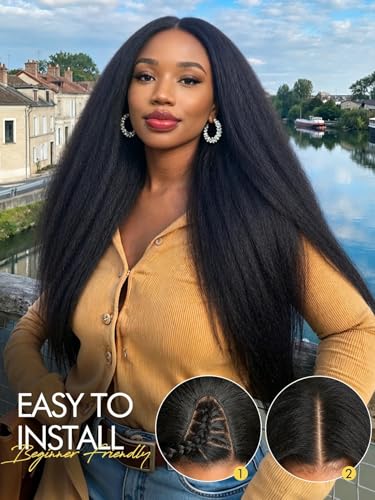Kinky Straight V Part Wig for Black Women - Synthetic Half Wig, No Glue, Protective Style