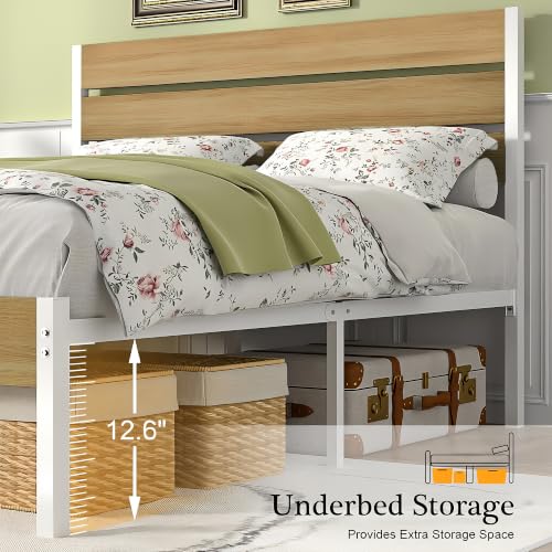 Full Size Metal Bed Frame with Wood Headboard - Natural & White, Heavy-Duty Platform