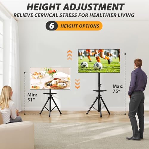 TVON Tripod TV Stand with Shelf for 23-80 Inch TVs, 100lbs Capacity - Black