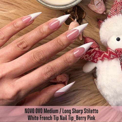 Medium/Long White French Tip Sharp Stiletto Nail Tips Berry Pink 160 Pcs