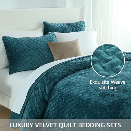 Velvet Bedspread Quilt Coverlet Bedding Set - Teal Queen Size (90x98 inches)