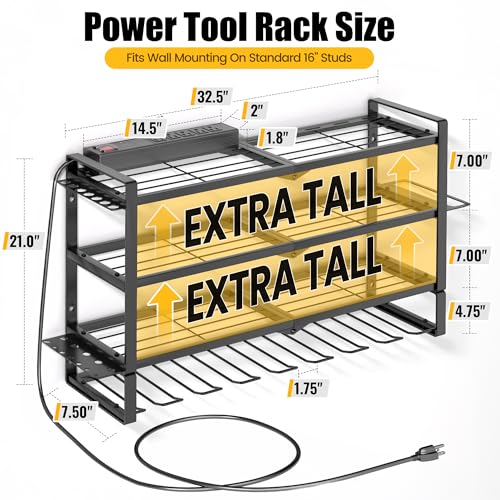 32 Inch Power Tool Wall Mount Organizer with Charging Station - Heavy Duty 4-Tier Metal Rack with Surge Power Strip and 8 Drill Holders